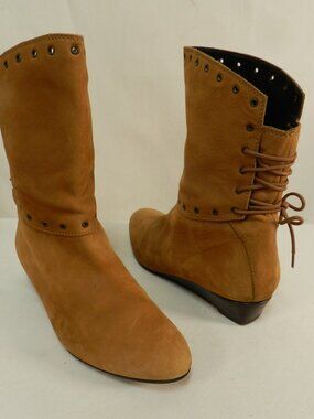 Stuart Weitzman Vintage Suede mid calf back Corset lace up wedge boots Size 6.5
